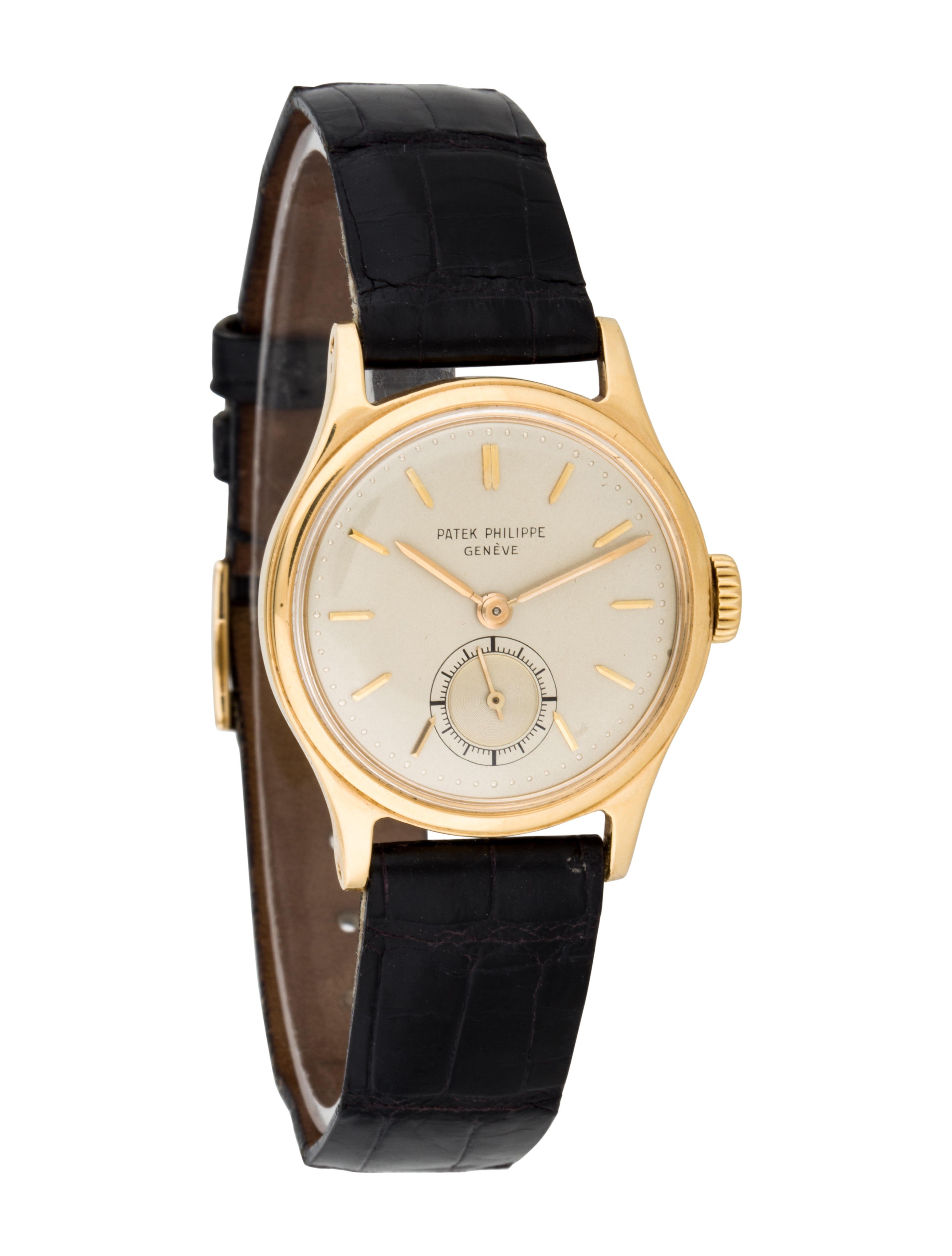 Vintage Calatrava 245J in Yellow Gold - Circa 1950 On Black Leather Strap with Silver Dial