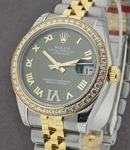 Mid Size 2-Tone Datejust with Diamond Bezel Olive Green Roman Dial with Diamonds- Jubilee Bracelet
