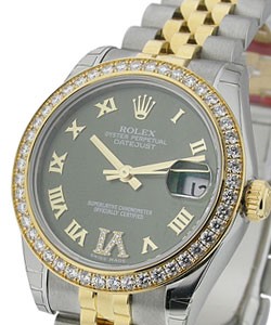 Mid Size 2-Tone Datejust with Diamond Bezel Olive Green Roman Dial with Diamonds- Jubilee Bracelet