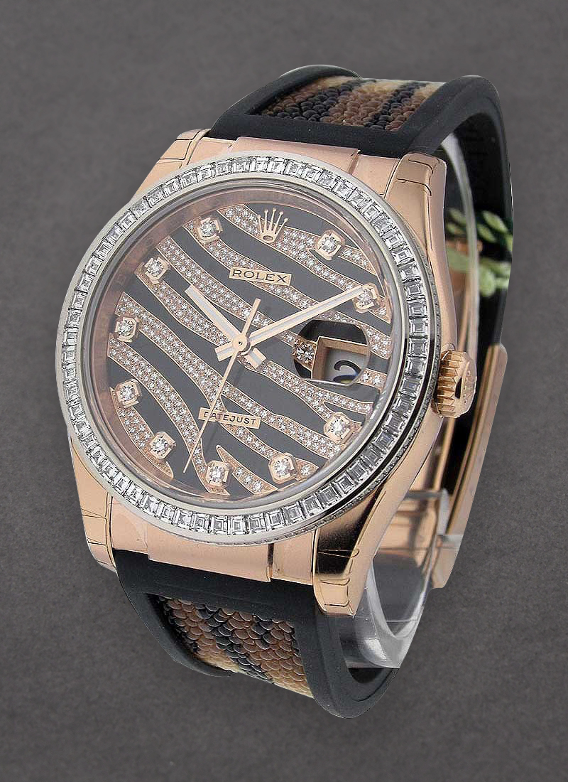 Rolex Unworn Rose Gold Zebra - Royal Pink - Baguette Diamond Bezel