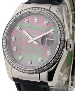 Datejust in White Gold with Fluted Bezel on Black Alligator Leather Strap with Black Mother of Pearl Diamond Dial
