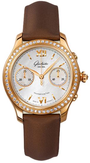 Lady Serenade Chronograph 38mm in Rose Gold with Diamond Bezel on Brown Satin Strap with White MOP Dial