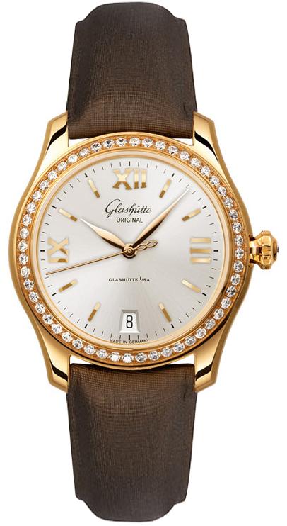 Lady Serenade 36mm in Rose Gold with Diamonds bezel on Brown Satin Strap with White MOP Dial