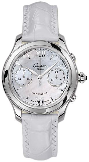 Lady Serenade Chronograph 38mm Automatic in Steel on White Crocodile Leather Strap with Mother of Pearl Dial