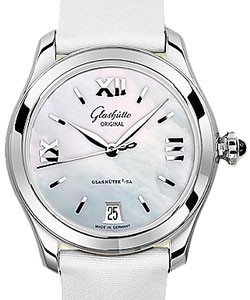 Lady Serenade 36mm Automatic in Steel on White Satin Strap with Mother of Pearl Dial
