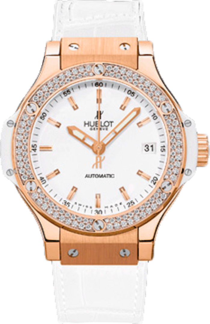 Big Bang 38mm in Rose Gold with Diamond Bezel on White Leather Strap with White Dial