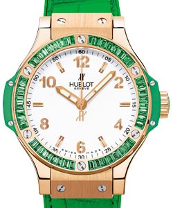 Big Bang 38mm Tutti Frutti in Rose Gold with Green Baguette Diamond Bezel on Green Crocodile Leather Strap with White Dial