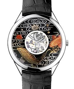 Metiers D''Art Carp Waterfall in White Gold  on Black Leather Strap with Black Open Worked Dial