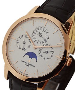 Patrimony Contemporaine Perpetual Calendar in Rose Gold on Brown Crocodile Leather Strap with Silver Dial
