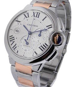 Cartier Ballon Bleu Chronograph in Steel on Steel and Rose Gold Bracelet with Silver Dial