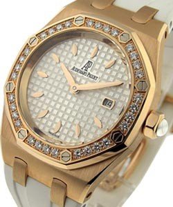  Royal Oak Lady's in Rose Gold with Diamond Bezel  on White Rubber Strap with White Stick Dial 