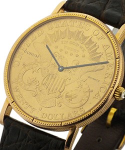 $20 Gold Coin Quartz in Yellow Gold On Black Crocodile Leather Strap with Gold Coin Dial