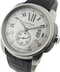 Calibre De Cartier in Steel On Black Leather Strap with Silver Dial