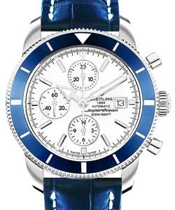 Superocean Heritage Chronograph in Steel with Blue Bezel on Blue Crocodile Leather Strap with Silver Dial