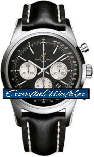 Transocean Chronograph Men's in Steel on Black Strap with Black Dial and Silver Subdial
