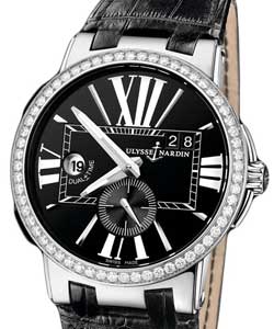 Executive Dual Time 43mm in Steel with Diamond Bezel on Black Crocodile Leather Strap  with Black Dial
