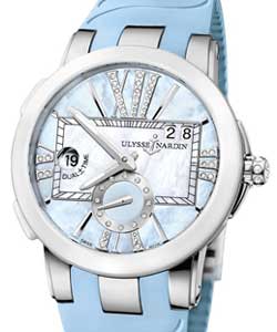 Executive Dual Time in Steel with Ceramic Bezel on Blue Rubber Strap with Light Blue MOP Diamond Dial