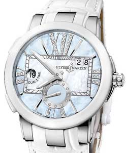 Executive Dual Time 40mm in Steel with Ceramic Bezel on White Crocodile Leather Strap with Light Blue MOP Diamond Dial