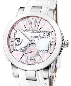Executive Dual Time 40mm in Steel with Ceramic Bezel on White Leather Strap with Pink MOP Diamond Dial