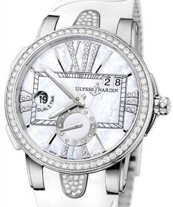Executive Dual Time 40mm in Steel with  Diamond Bezel on White Rubber Strap with Mother of Pearl Diamond Dial