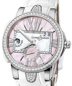 Executive Dual Time 40mm in Steel with Diamond Bezel on White Leather Strap with Pink MOP Diamond Dial