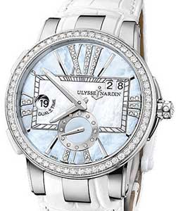 Executive Dual Time 40mm in Steel with Diamond Bezel on White Leather Strap with Light Blue MOP Diamond Dial