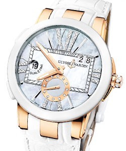 Executive Dual Time in Rose Gold with Ceramic Bezel on White Alligator Leather Strap with Blue Mother of Pearl Diamond Dial