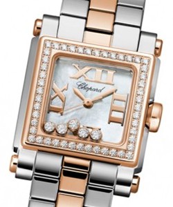 Happy Sport II Square Small in Steel with Rose Gold Diamond Bezel on Steel and Rose Gold Bracelet with MOP Dial