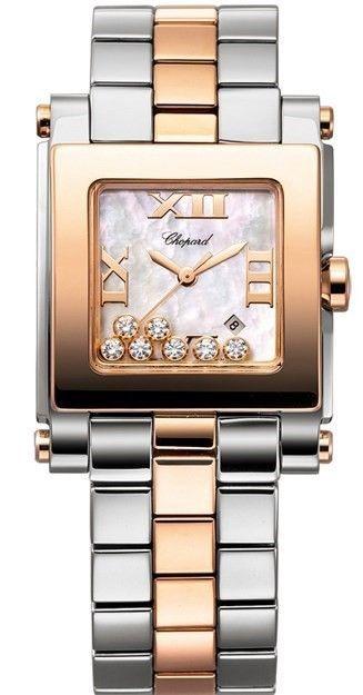 Happy Sport II Square Medium in Steel with Rose Gold Bezel on Steel and Rose Gold Bracelet with White Dial & 7Diamonds