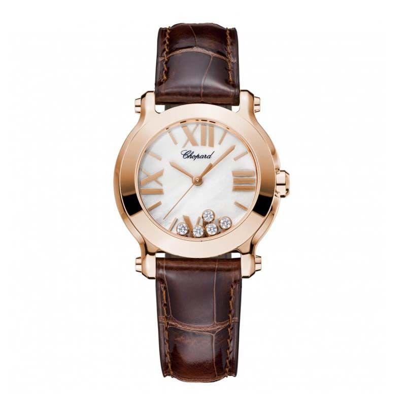 Happy Sport II Round 30mm in Rose Gold on Brown Crocodile Leather Strap with MOP Dial and 5 Floating Diamond