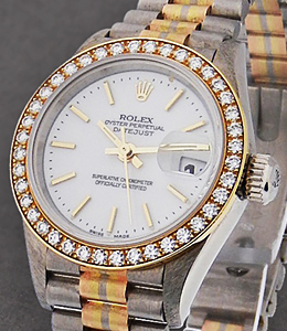 Ladies President Tridor in White Gold with yellow Gold Diamond Bezel on Tridor President Bracelet with White Stick Dial