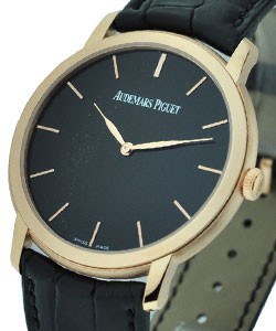 Jules Audemars Ultra Thin in Rose Gold on Black Leather Strap with Black Stick Dial