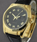 Datejust in Yellow Gold with Fluted Bezel On Black Alligator Leather Strap with Black Roman Jubilee Dial