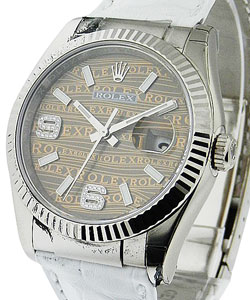 Datejust in White Gold with Fluted Bezel on White Alligator Leather Strap with Brown Wave Diamond Dial