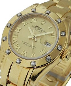 Masterpeice Lady's in Yellow Gold with 12 Diamond Bezel on Yellow Gold Pearlmaster Bracelet with Champagne Roman Dial