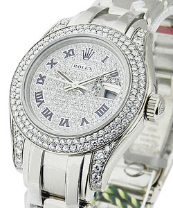 Masterpiece in White Gold with 2 Row Diamond Bezel and Lugs on White Gold Pearlmaster Bracelet with Pave Diamond Dial with Blue Romans