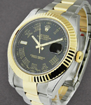 Datejust DJ II in Steel with Yellow Gold Fluted Bezel on Steel and Yellow Gold Oyster Bracelet with Black Roman Dial