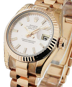 President 26mm in Rose Gold with Fluted Bezel  on Rose Gold President Bracelet with Silver Stick Dial