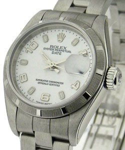 Ladie Date - 26mm - Engine Turned Bezel on Oyster Bracelet with White Arabic Dial