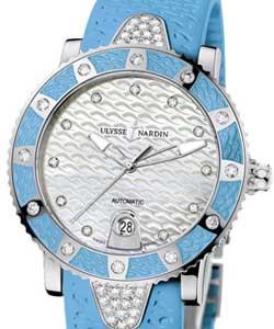 Lady Diver 40mm in Steel with Bleu Azur Diamond Bezel on Blue Rubber Strap with White MOP Diamond Dial