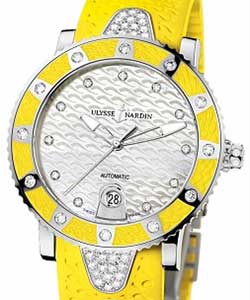 Lady Diver 40mm in Steel with Yellow Diamond Bezel on Yellow Rubber Strap with White MOP Diamond Dial