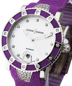 Lady Diver in Steel with Purple Diamond Bezel on Purple Rubber Strap with MOP Diamond Dial