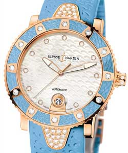 Marine Lady Diver in Rose Gold with Bleu Azur Diamond Bezel on Blue Rubber Strap with White MOP Diamond Dial