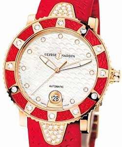 Marine Lady Diver 40mm in Rose Gold with Red Diamond Bezel on Red Rubber Strap with White MOP Diamond Dial