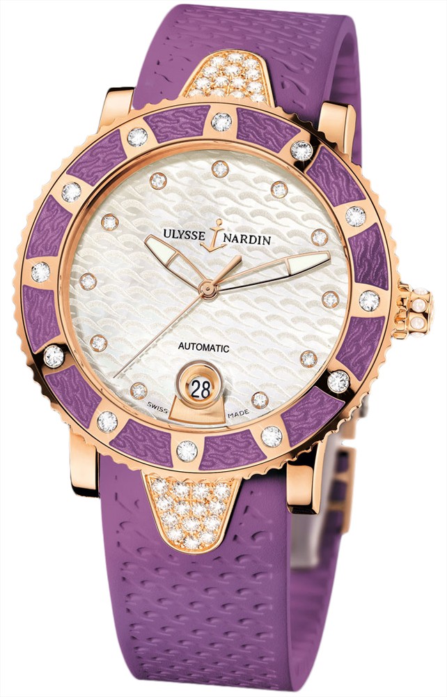 Lady Marine Diver in Rose Gold with Diamond Bezel On Purple Rubber Strap with Mother of Pearl Diamond Dial 