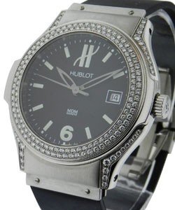 Elegant Series - Large Size with Diamond Bezel and Lugs Steel on Rubber with Black Dial