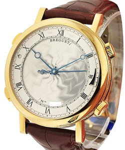 Classique Reveil Musical in Yellow Gold on Brown Alligator Leather Strap with Silver Dial