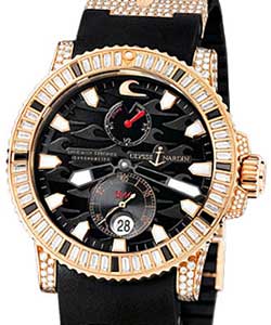 Maxi Marine Diver Chronometer in Rose Gold with Baguette Diamond Bezel on Black Rubber Strap with Black Wave Dial- Limited Edition of 100 pcs