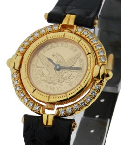 US $2.50 Gold Coin Eagle  - Rotating  Watch Yellow Gold on Strap with Diamond Bezel
