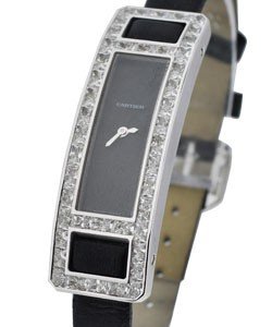 Libre Ceinture Allongee with Baguette Diamonds White Gold on Strap with Black Dial